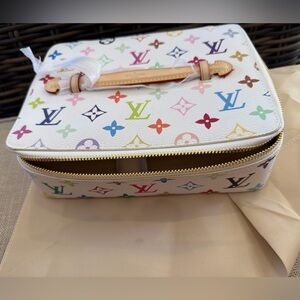 White Multicolor Monogram jewelry Case for travel or home with Leather Trim